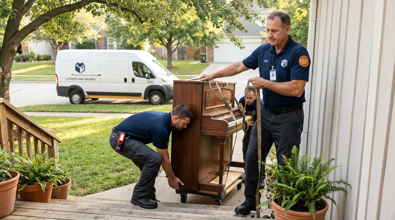 Licensed piano movers securing grand piano in Big Bear Lake, CA