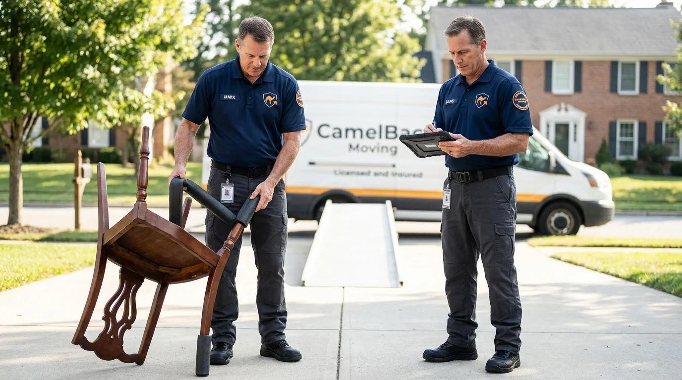 Movers inspecting furniture for damage prevention before loading in Big Bear Lake, CA