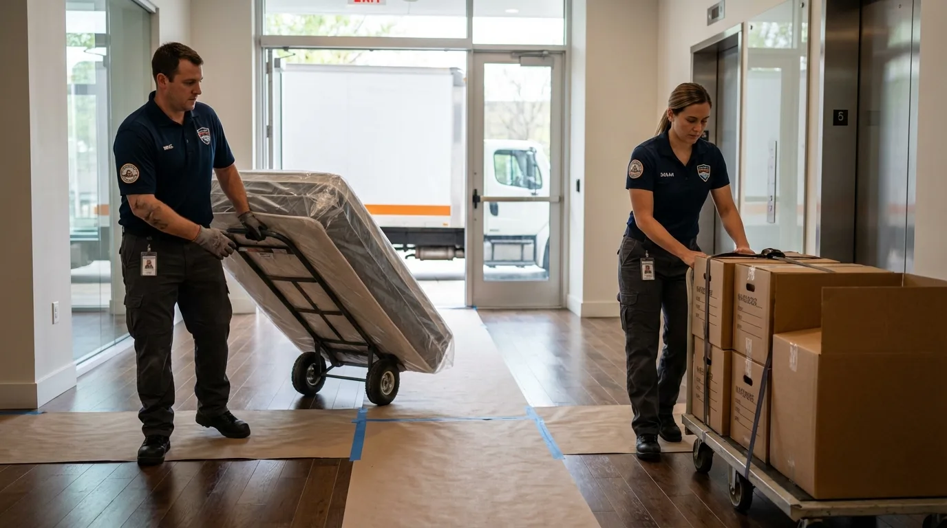 Professional apartment movers loading elevator in Big Bear Lake, CA